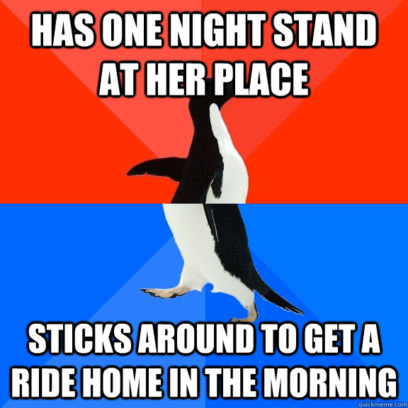Has one night stand at her place Sticks around to get a ride home in the morning  Socially Awesome Awkward Penguin
