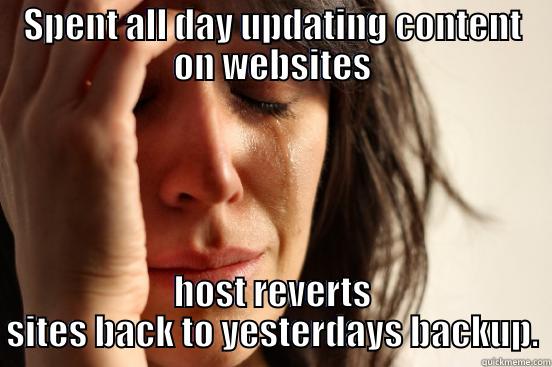 SPENT ALL DAY UPDATING CONTENT ON WEBSITES HOST REVERTS SITES BACK TO YESTERDAYS BACKUP. First World Problems