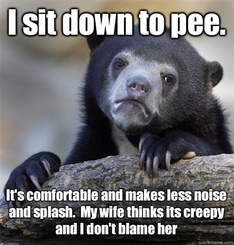 I sit down to pee. It's comfortable and makes less noise and splash.  My wife thinks its creepy and I don't blame her  Confession Bear