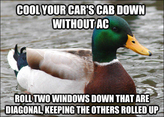 Cool your car's cab down without ac Roll two windows down that are diagonal, keeping the others rolled up - Cool your car's cab down without ac Roll two windows down that are diagonal, keeping the others rolled up  Actual Advice Mallard