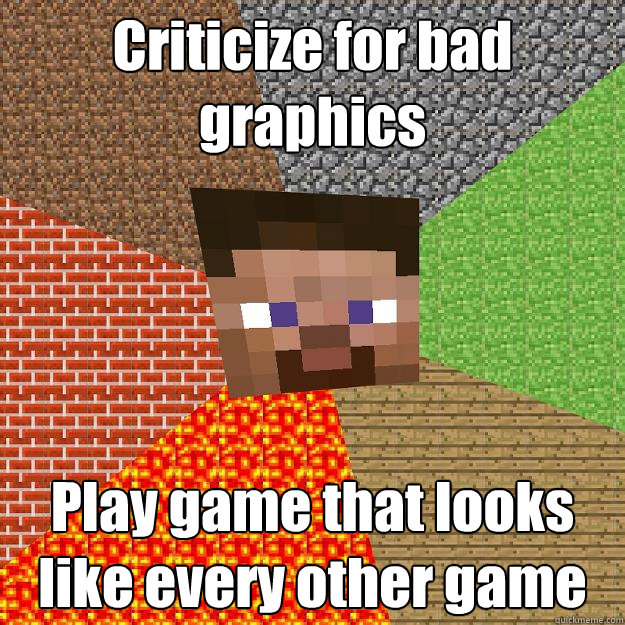 Criticize for bad graphics Play game that looks like every other game  Minecraft