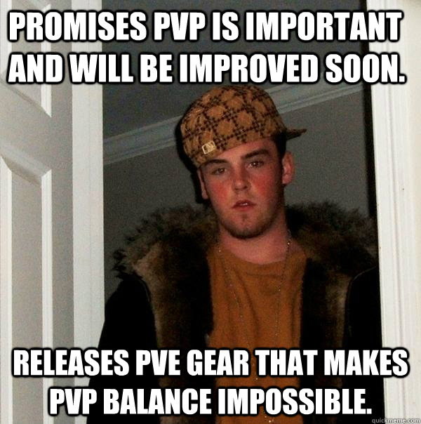 Promises pvp is important and will be improved soon. Releases pve gear that makes pvp balance impossible. - Promises pvp is important and will be improved soon. Releases pve gear that makes pvp balance impossible.  Misc