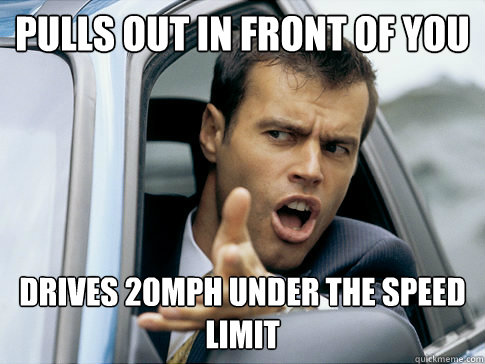 Pulls out in front of you Drives 20mph under the speed limit  Asshole driver