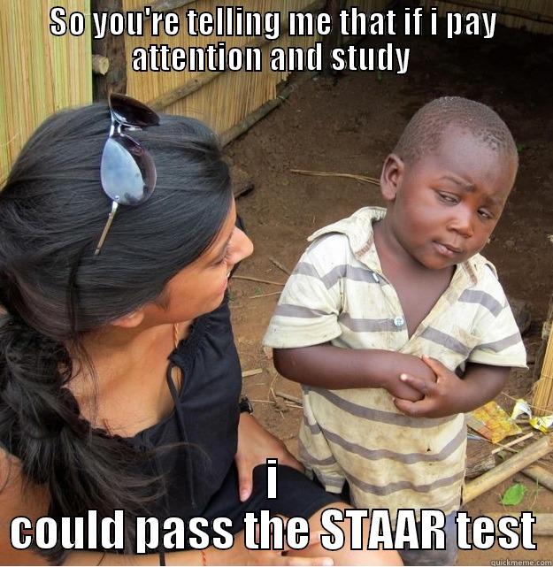 SO YOU'RE TELLING ME THAT IF I PAY ATTENTION AND STUDY  I COULD PASS THE STAAR TEST Skeptical Third World Kid