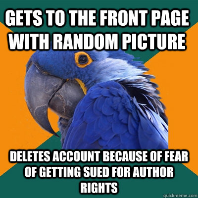 Gets to the front page with random picture Deletes account because of fear of getting sued for author rights  Paranoid Parrot