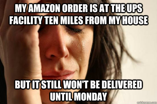 My amazon order is at the ups facility ten miles from my house but it still won't be delivered until monday  First World Problems