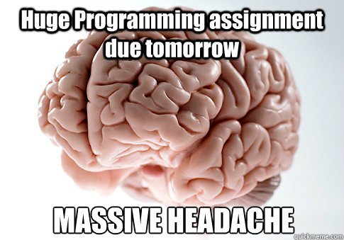 Huge Programming assignment due tomorrow  MASSIVE HEADACHE  Scumbag Brain