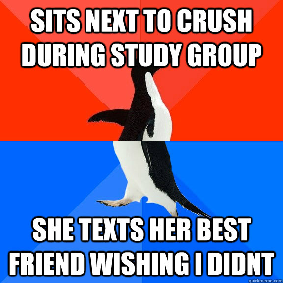 Sits next to crush during study group She texts her best friend wishing I didnt  Socially Awesome Awkward Penguin