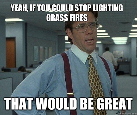 Yeah, if you could stop lighting grass fires that would be great  Party Patrol Lumbergh