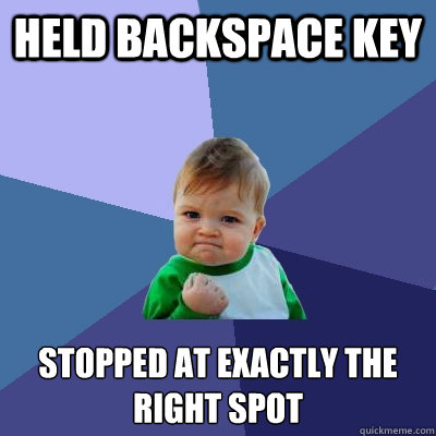 Held backspace key Stopped at exactly the right spot  Success Kid