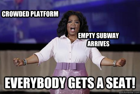 everybody gets a seat! crowded platform empty subway arrives  Oprah dumplings