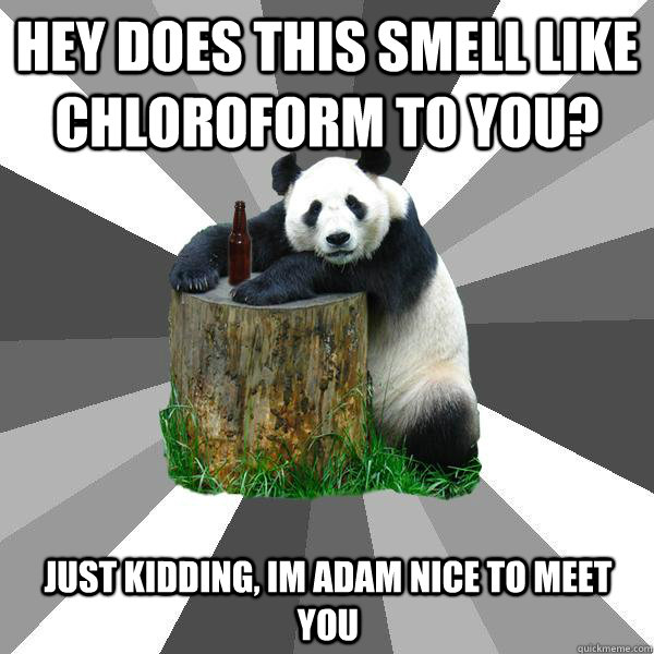 HEY DOES THIS SMELL LIKE CHLOROFORM TO YOU? JUST KIDDING, IM ADAM NICE TO MEET YOU  Pickup-Line Panda