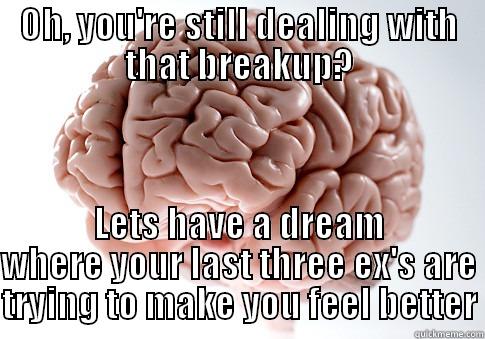 OH, YOU'RE STILL DEALING WITH THAT BREAKUP? LETS HAVE A DREAM WHERE YOUR LAST THREE EX'S ARE TRYING TO MAKE YOU FEEL BETTER Scumbag Brain