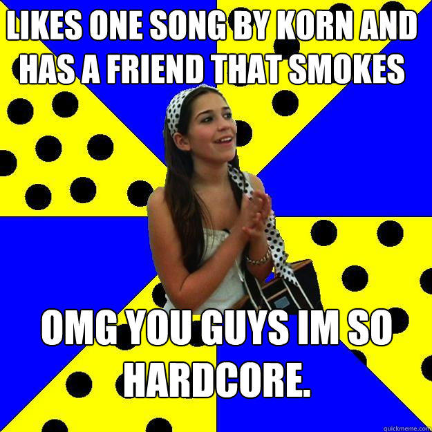 likes one song by korn and has a friend that smokes Omg you guys im so hardcore. - likes one song by korn and has a friend that smokes Omg you guys im so hardcore.  Sheltered Suburban Kid