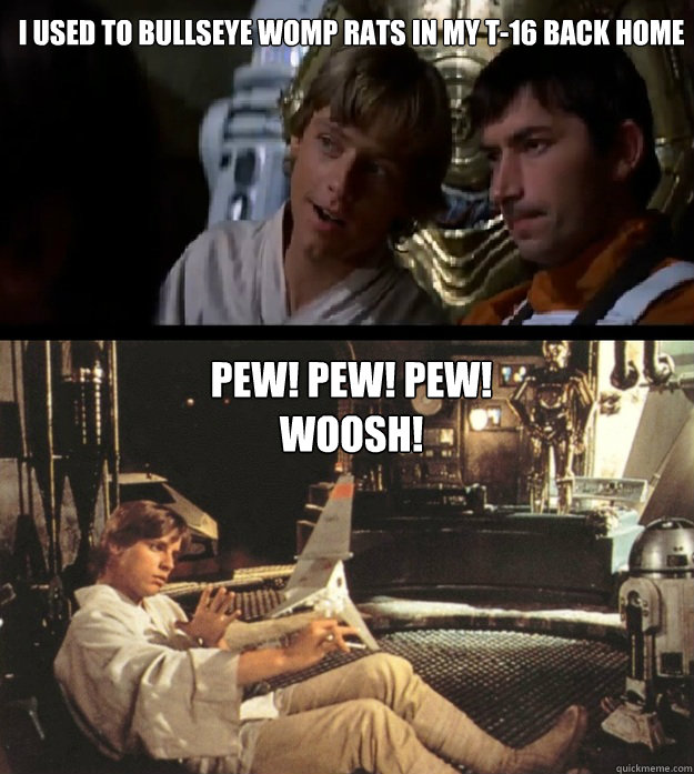 I used to bullseye womp rats in my t-16 back home pew! pew! pew! 
woosh!  bullseye womp rats