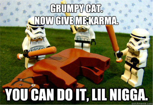 GRUMPY CAT.
NOW GIVE ME KARMA. YOU CAN DO IT, LIL NIGGA.  Beating dead horse