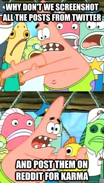 Why don't we screenshot all the posts from twitter and post them on reddit for karma  Push it somewhere else Patrick