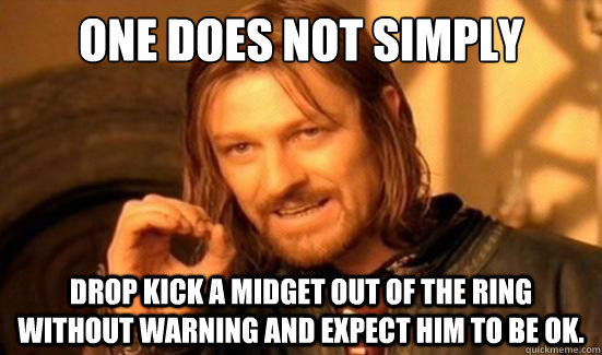 One Does Not Simply Drop kick a midget out of the ring without warning and expect him to be ok. - One Does Not Simply Drop kick a midget out of the ring without warning and expect him to be ok.  Boromir