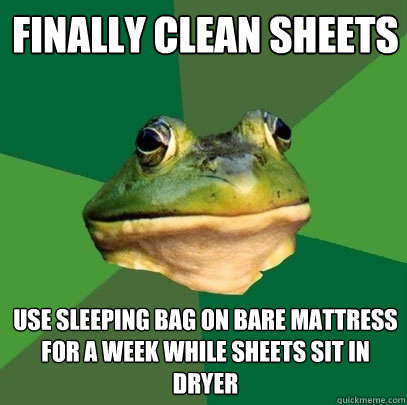 finally clean sheets use sleeping bag on bare mattress for a week while sheets sit in dryer  Foul Bachelor Frog