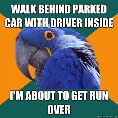 Walk behind parked car with driver inside i'm about to get run over  Paranoid Parrot