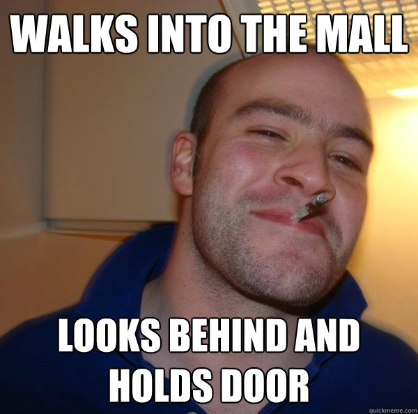 Walks into the mall looks behind and holds door - Walks into the mall looks behind and holds door  Misc