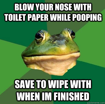 Blow your nose with toilet paper while pooping save to wipe with when im finished  Foul Bachelor Frog