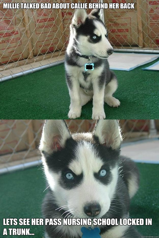 Millie talked bad about callie behind her back lets see her pass nursing school locked in a trunk...  Insanity puppy