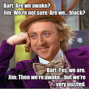 Bart: Are we awake?
Jim: We're not sure. Are we... black? Bart: Yes, we are.
Jim: Then we're awake... but we're very puzzled.  Condescending Wonka