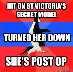 Hit on by Victoria's secret model Turned her down She's post op - Hit on by Victoria's secret model Turned her down She's post op  Socially awesome awkward awesome penguin
