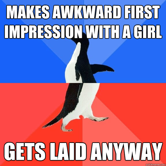 Makes awkward first impression with a girl Gets laid anyway  Socially Awkward Awesome Penguin