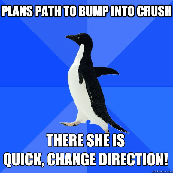 Plans path to bump into crush There she is   
quick, Change direction!    Socially Awkward Penguin