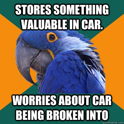 Stores something valuable in car. Worries about car being broken into  Paranoid Parrot