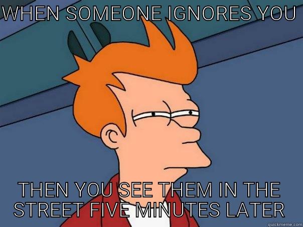 WHEN SOMEONE IGNORES YOU  THEN YOU SEE THEM IN THE STREET FIVE MINUTES LATER Futurama Fry