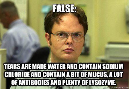 false: Tears are made water and contain sodium chloride and contain a bit of mucus, a lot of antibodies and plenty of lysozyme.  Dwight