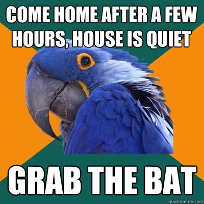 come home after a few hours, house is quiet grab the bat  Paranoid Parrot