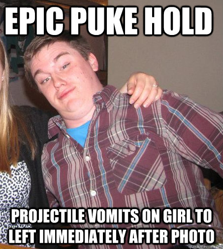Epic puke hold projectile vomits on girl to left immediately after photo  