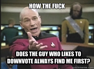 How the fuck does the guy who likes to downvote always find me first?  Annoyed Picard
