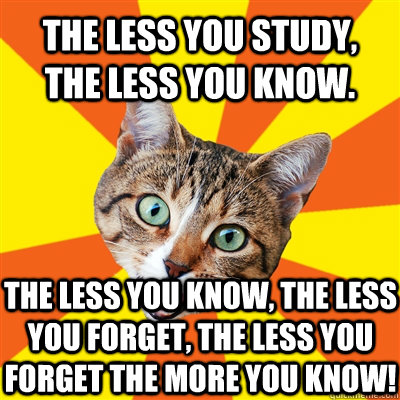 the less you study, the less you know. the less you know, the less you forget, the less you forget the more you know!  Bad Advice Cat