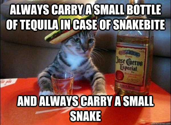 always carry a small bottle of tequila in case of snakebite and always carry a small snake  