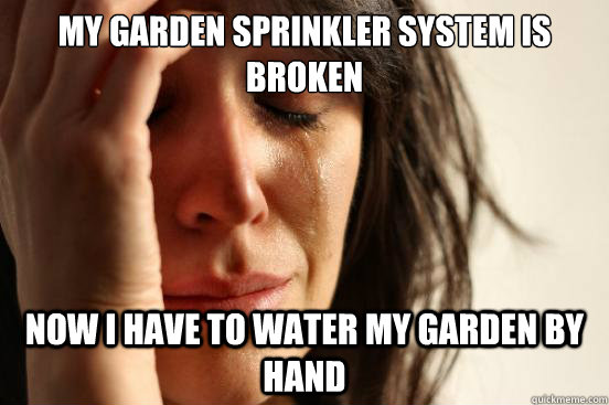My garden sprinkler system is broken now i have to water my garden by hand - My garden sprinkler system is broken now i have to water my garden by hand  First World Problems