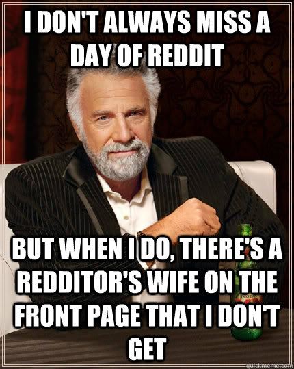 I don't always miss a day of reddit but when I do, there's a redditor's wife on the front page that I don't get  The Most Interesting Man In The World