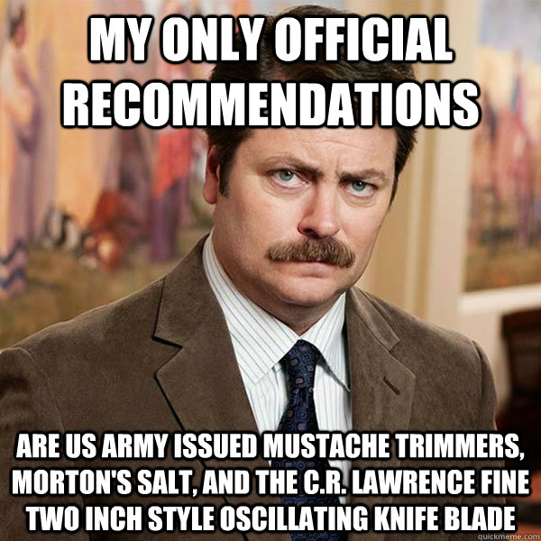 My only official recommendations are US Army issued mustache trimmers, Morton's Salt, and the C.R. Lawrence fine two inch style oscillating knife blade - My only official recommendations are US Army issued mustache trimmers, Morton's Salt, and the C.R. Lawrence fine two inch style oscillating knife blade  Advice Ron Swanson