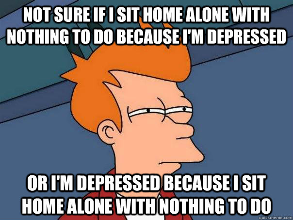 Not sure if I sit home alone with nothing to do because i'm depressed Or i'm depressed because i sit home alone with nothing to do  Futurama Fry
