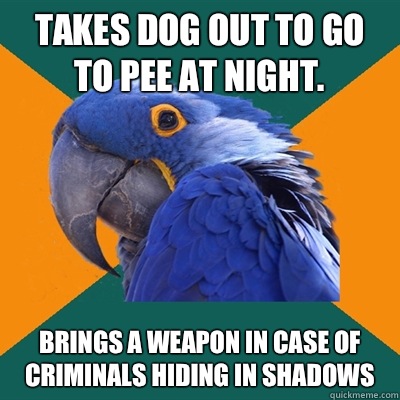 Takes dog out to go to pee at night. Brings a weapon in case of criminals hiding in shadows  Paranoid Parrot