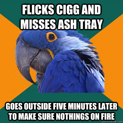 Flicks cigg and misses ash tray goes outside five minutes later to make sure nothings on fire  Paranoid Parrot