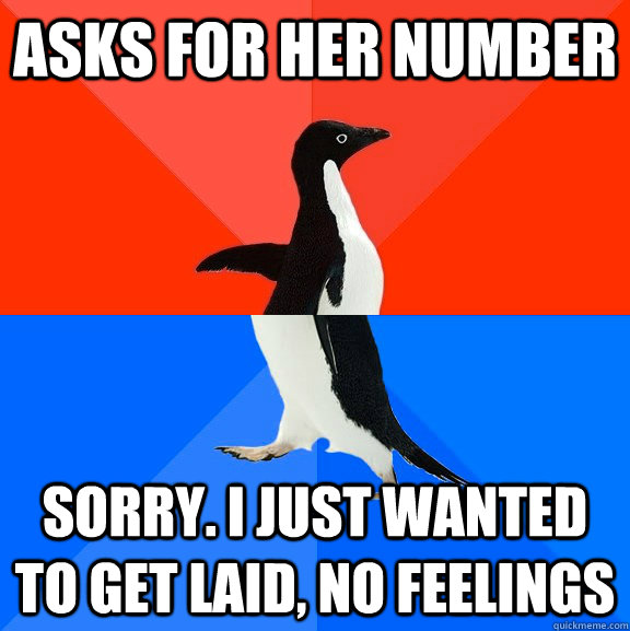 asks for her number sorry. i just wanted to get laid, no feelings  Socially Awesome Awkward Penguin