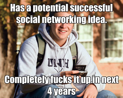 Has a potential successful social networking idea. Completely fucks it up in next 4 years  College Freshman