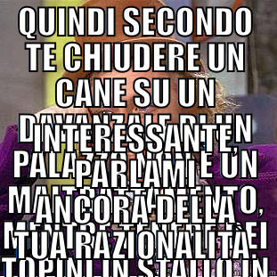 QUINDI SECONDO TE CHIUDERE UN CANE SU UN DAVANZALE DI UN PALAZZO NON È UN MALTRATTAMENTO, MENTRE TENERE DEI TOPINI IN STALLO IN UN BAGNO SI? INTERESSANTE, PARLAMI ANCORA DELLA TUA RAZIONALITÀ. Condescending Wonka