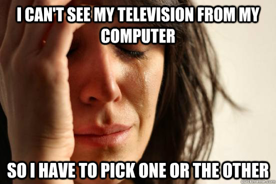 I can't see my television from my computer So I have to pick one or the other  First World Problems