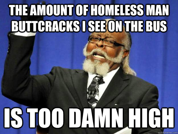 the amount of homeless man buttcracks I see on the bus is too damn high  Toodamnhigh